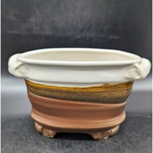 Vintage Studio Art Pottery Flower Frog Planter Brown White Signed 7.5'